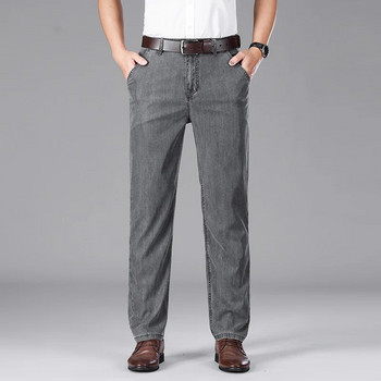 Смоуки сиви прави широки дънки Мъжки лиоцел Удобни бизнес ежедневни модни мъжки маркови дрехи Дънкови панталони