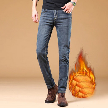Зимни топлинни топли фланелени еластични дънки Мъжки зимни качествени поларени панталони с известна марка Прави флокирани панталони Деним Джин