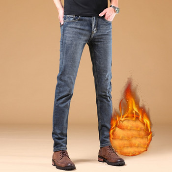 Зимни топлинни топли фланелени еластични дънки Мъжки зимни качествени поларени панталони с известна марка Прави флокирани панталони Деним Джин