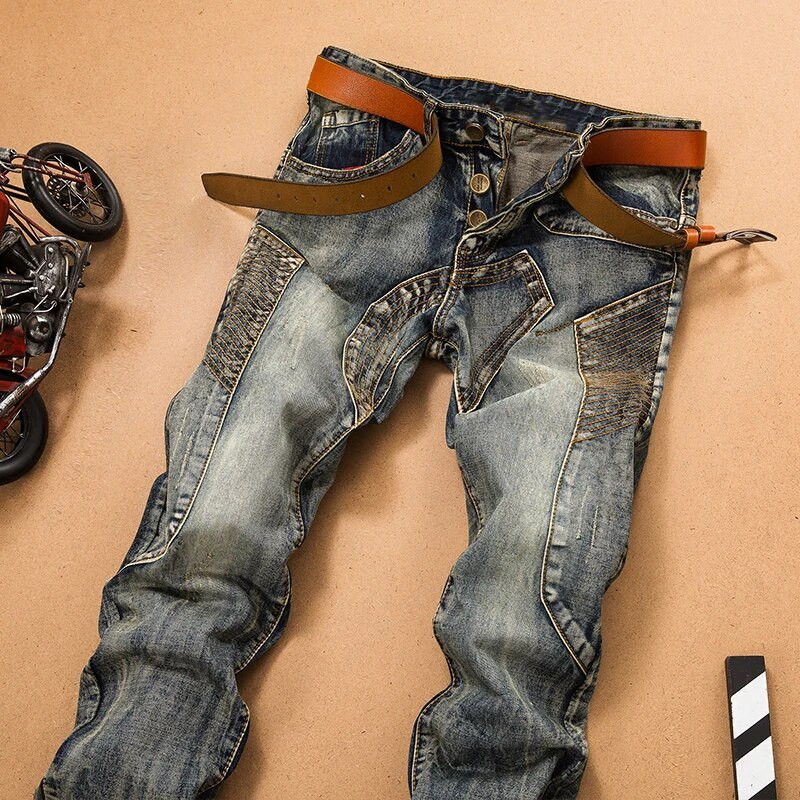 Ανδρικά τζιν παντελόνια Splicing Jean τζιν Παντελόνια Biker Υψηλής ποιότητας Ανδρικά ίσια Casual Designer Πολλές άνετες τσέπες