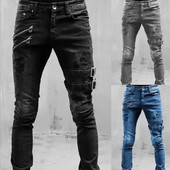 Ανοιξιάτικο Καλοκαίρι Boyfriend Jeans Streetwear Skinny παντελόνι Τσέπη στο πλάι λουριά και φερμουάρ Ανδρικό παντελόνι τζόκινγκ κατεστραμμένο ελαστικό παντελόνι