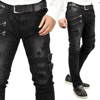 Ανοιξιάτικο Καλοκαίρι Boyfriend Jeans Streetwear Skinny παντελόνι Τσέπη στο πλάι λουριά και φερμουάρ Ανδρικό παντελόνι τζόκινγκ κατεστραμμένο ελαστικό παντελόνι