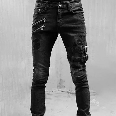 Ανοιξιάτικο Καλοκαίρι Boyfriend Jeans Streetwear Skinny παντελόνι Τσέπη στο πλάι λουριά και φερμουάρ Ανδρικό παντελόνι τζόκινγκ κατεστραμμένο ελαστικό παντελόνι