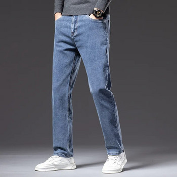 Плюс размер 40 42 44 Есенни мъжки сини прави широки дънки Бизнес ежедневни памучни еластични дънкови панталони Мъжка марка