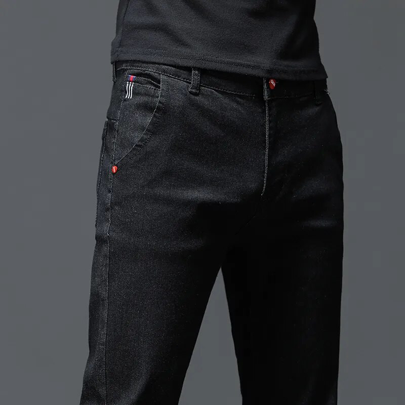 Vienspalvė medvilnė juoda tamsiai pilki džinsai vyriškos kelnės Klasikinės plonos, laisvalaikio korėjietiškos mados jaunimo vyriškos džinsinės kelnės