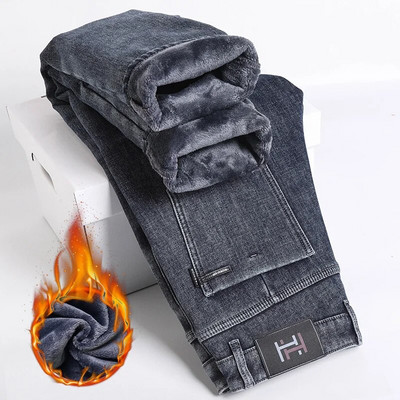 Talvised uued teksad paksendatud mugava sametise vabaaja teksapükste jaoks Meeste fliisist sirge vaba aja äri elastsusega teksad