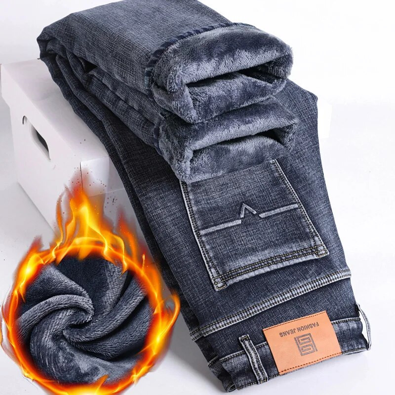 Talvised uued teksad paksendatud mugava sametise vabaaja teksapükste jaoks Meeste fliisist sirge vaba aja äri elastsusega teksad