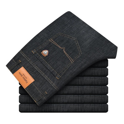 SHAN BAO pavasario ir vasaros prekės ženklo prigludę tiesūs lengvi džinsai Klasikiniai verslo laisvalaikio aukšto juosmens vyriški ploni tampri džinsai