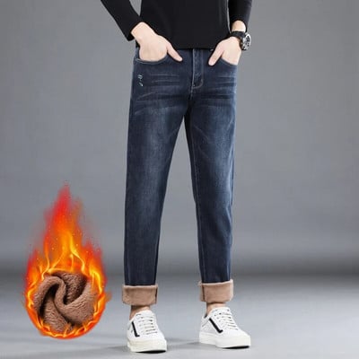 Ανδρικό Thermal Stretch τζιν Χειμερινό χιόνι Ζεστό βελούδινο λεπτό τζιν με στενό πόδι Thicken Fleece τζιν μακρύ παντελόνι Κορεατική μόδα παντελόνι