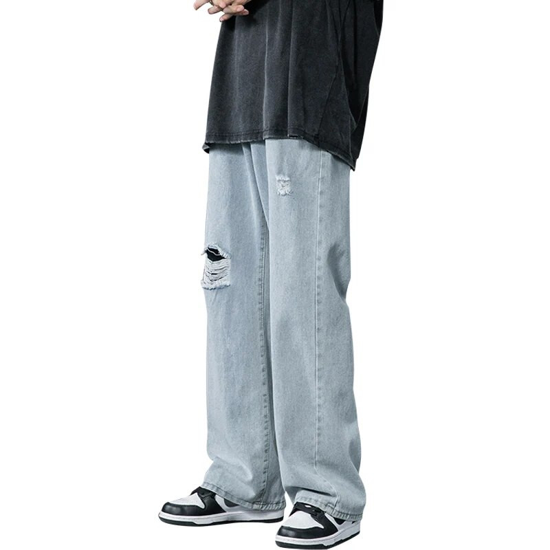 Ανοιξιάτικο και Καλοκαίρι Νέο στυλ είναι λεπτό σκισμένο τζιν Κορεατική μόδα του δρόμου Χαλαρά τζιν παντελόνια φαρδύ μπλε casual παντελόνι
