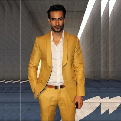 STEVDITG Golden Ανδρικά κοστούμια Blazer Shawl Lapel Single Breasted Flat Casual Business Όμορφο παντελόνι 2 τεμαχίων τζάκετ Skinny ρούχα
