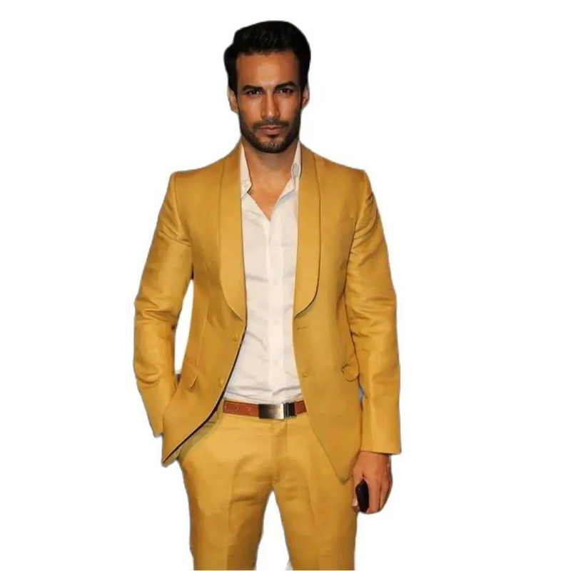 STEVDITG Golden Ανδρικά κοστούμια Blazer Shawl Lapel Single Breasted Flat Casual Business Όμορφο παντελόνι 2 τεμαχίων τζάκετ Skinny ρούχα
