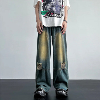 Ανδρικό Hip Hop τζιν κορεάτικο όμορφο casual παντελόνι High Street Straight Loose Wide Leg Jeans Vintage Μπλε φαρδύ τζιν