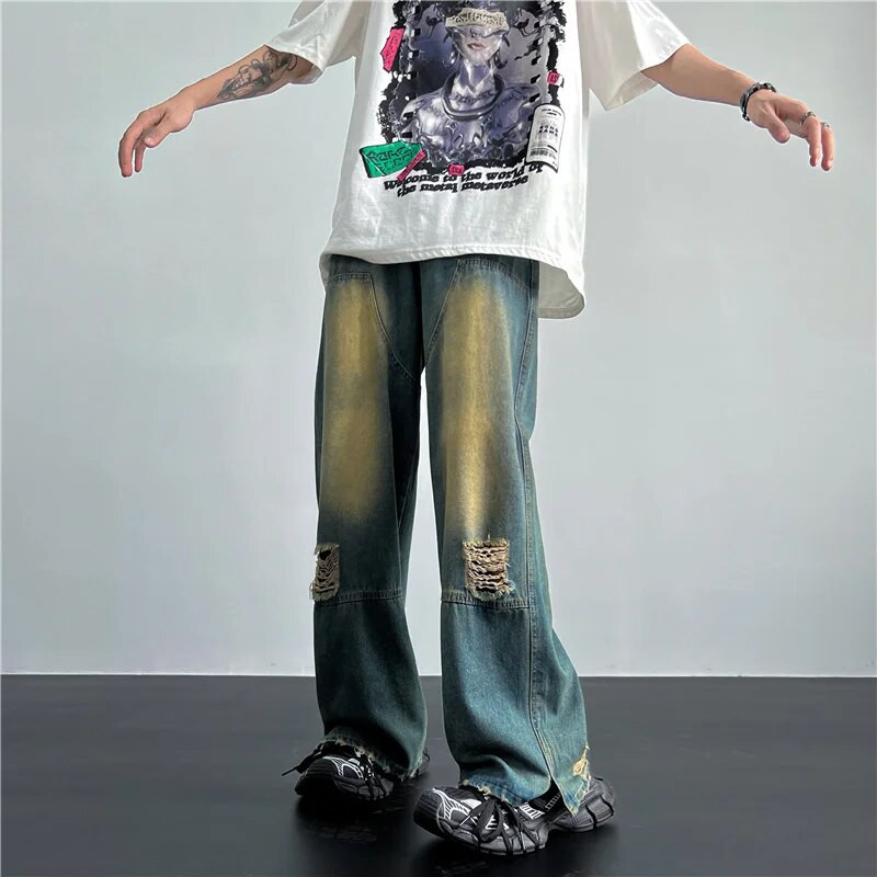 Meeste hip-hop ripped Hole teksad Korea ilusad vabaaja püksid High Street sirged, laia säärega teksad Vintage sinised kottis teksad