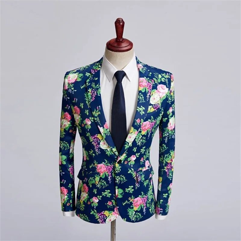 2023 Νέα τυπωμένα ανδρικά κοστούμια με μπλε μονό κουμπί Fashion Singer Stage Host Παντελόνι με λεπτή εφαρμογή Prom Chic ανδρικό σακάκι 2 τεμαχίων