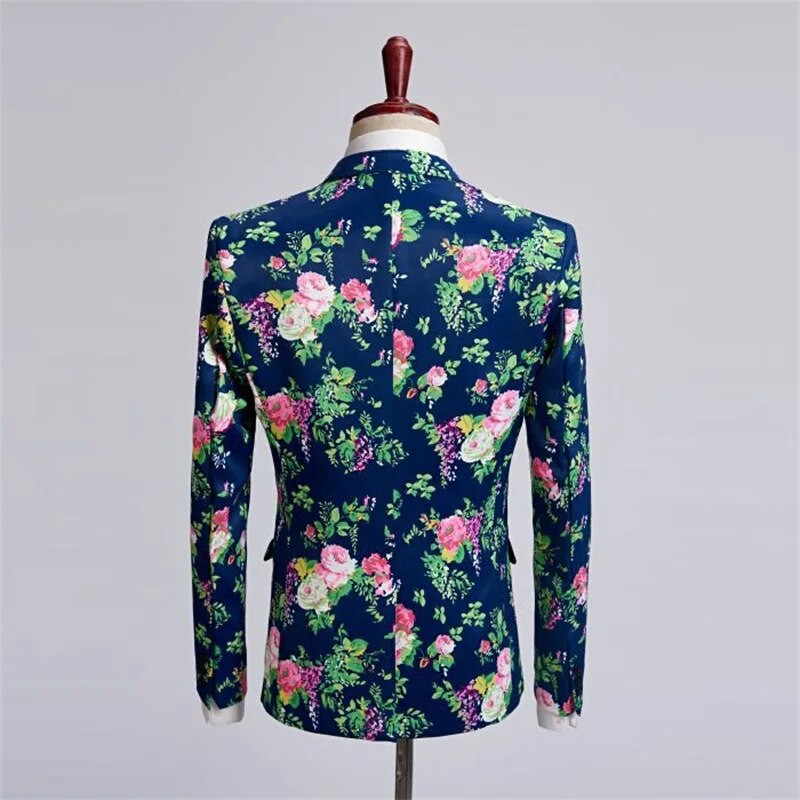 2023 Νέα τυπωμένα ανδρικά κοστούμια με μπλε μονό κουμπί Fashion Singer Stage Host Παντελόνι με λεπτή εφαρμογή Prom Chic ανδρικό σακάκι 2 τεμαχίων