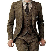 Ανδρικό Tweed Ψαροκόκκαλο Slim Fit Καφέ Ταν Σμόκιν Vintage σακάκι σακάκι Παντελόνι Γαμπρός Γάμος Vintage 3 τεμαχίων Slim Fit κοστούμι