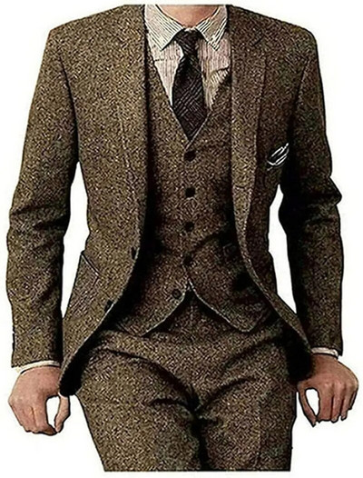 Ανδρικό Tweed Ψαροκόκκαλο Slim Fit Καφέ Ταν Σμόκιν Vintage σακάκι σακάκι Παντελόνι Γαμπρός Γάμος Vintage 3 τεμαχίων Slim Fit κοστούμι