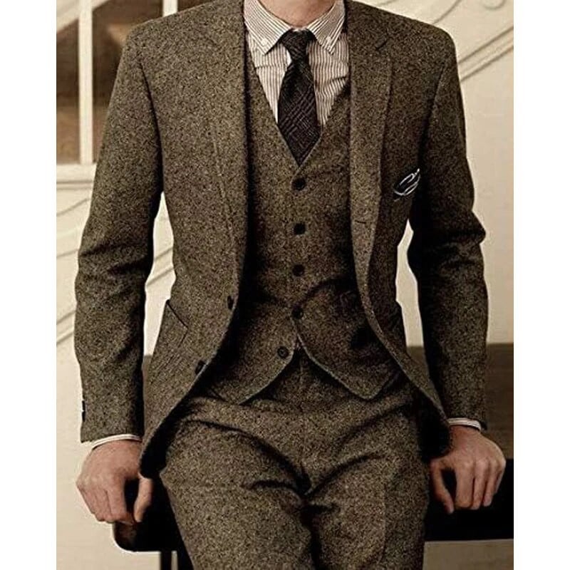 Ανδρικό Tweed Ψαροκόκκαλο Slim Fit Καφέ Ταν Σμόκιν Vintage σακάκι σακάκι Παντελόνι Γαμπρός Γάμος Vintage 3 τεμαχίων Slim Fit κοστούμι