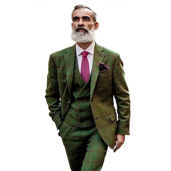 Зелени вълнени карирани мъжки костюми Slim Fit Wedding Groom Tuxedo Notch Rever Business Party Комплект от 3 части Костюм Homme яке Жилетка Панталон