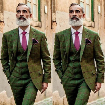 Πράσινο μάλλινο καρό ανδρικό κοστούμι με λεπτή εφαρμογή γαμπρός γάμου σμόκιν με εγκοπή πέτο Επαγγελματικό πάρτι 3 τεμαχίων Κοστούμια Homme Jacket Γιλέκο παντελόνι