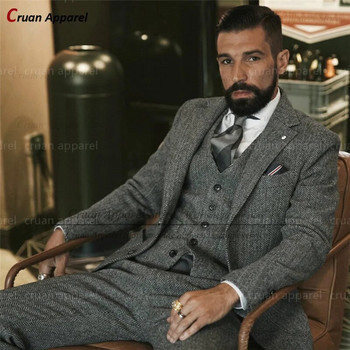 Καφέ τουίντ κοστούμια για άνδρες Slim fit Classic Ψαροκόκκαλο Businees Wedding Vintage Tuxedo Προσαρμοσμένο σετ Παντελόνι Blazer Γιλέκο 3 τεμαχίων