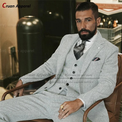 Καφέ τουίντ κοστούμια για άνδρες Slim fit Classic Ψαροκόκκαλο Businees Wedding Vintage Tuxedo Προσαρμοσμένο σετ Παντελόνι Blazer Γιλέκο 3 τεμαχίων