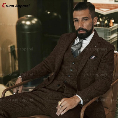 Καφέ τουίντ κοστούμια για άνδρες Slim fit Classic Ψαροκόκκαλο Businees Wedding Vintage Tuxedo Προσαρμοσμένο σετ Παντελόνι Blazer Γιλέκο 3 τεμαχίων