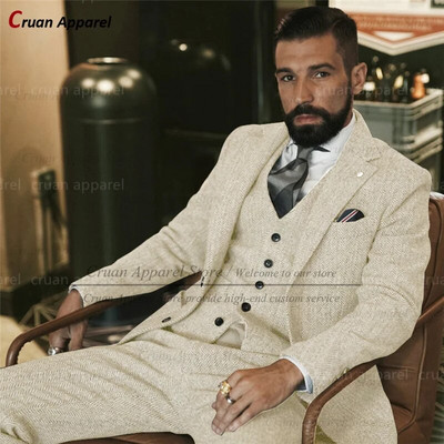 Καφέ τουίντ κοστούμια για άνδρες Slim fit Classic Ψαροκόκκαλο Businees Wedding Vintage Tuxedo Προσαρμοσμένο σετ Παντελόνι Blazer Γιλέκο 3 τεμαχίων