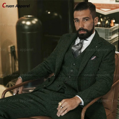 Καφέ τουίντ κοστούμια για άνδρες Slim fit Classic Ψαροκόκκαλο Businees Wedding Vintage Tuxedo Προσαρμοσμένο σετ Παντελόνι Blazer Γιλέκο 3 τεμαχίων