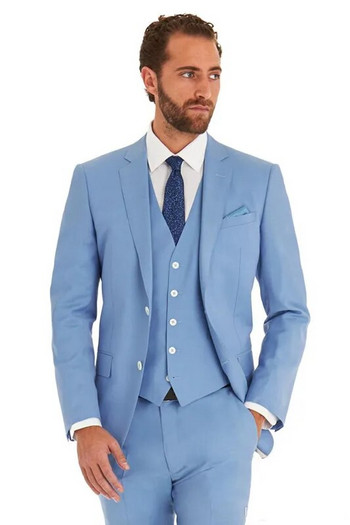 Ανδρικά κοστούμια 2023 Custom Made Notch Lapel Ανδρικά κοστούμια Slim Fit Groom Best Man Κοστούμια κουμπάρου 3 τεμαχίων με δύο κουμπιά Sky Bule Fashion