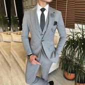 Γκρι ανδρικά κοστούμια επίσημα πλήρες σετ Μονό στήθος Peak πέτο κανονικού μήκους Smart Casual 3 τεμάχια παντελόνι παντελόνι γιλέκο Ανδρικά ρούχα