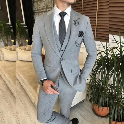 Γκρι ανδρικά κοστούμια επίσημα πλήρες σετ Μονό στήθος Peak πέτο κανονικού μήκους Smart Casual 3 τεμάχια παντελόνι παντελόνι γιλέκο Ανδρικά ρούχα
