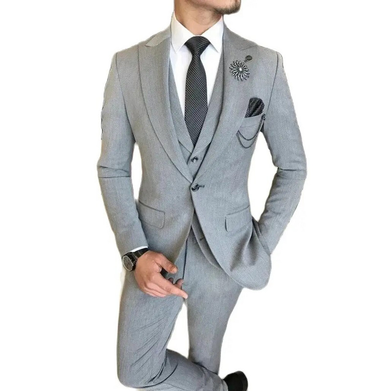 Γκρι ανδρικά κοστούμια επίσημα πλήρες σετ Μονό στήθος Peak πέτο κανονικού μήκους Smart Casual 3 τεμάχια παντελόνι παντελόνι γιλέκο Ανδρικά ρούχα