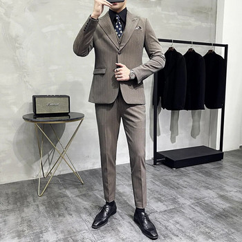 （Сако+жилетка+панталон） Корейска версия на висока марка Класически тесни бизнес костюми на райета Мъжки комплект рокли за банкети Мъжки сватбени костюми
