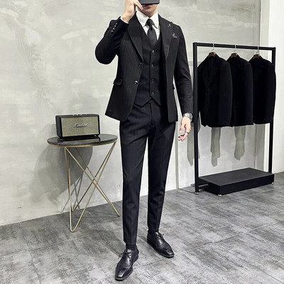 （Jakna+prsluk+hlače）Klasična prugasta uska poslovna odijela visoke marke u korejskoj verziji Muški svečani kompleti Muška vjenčana odijela