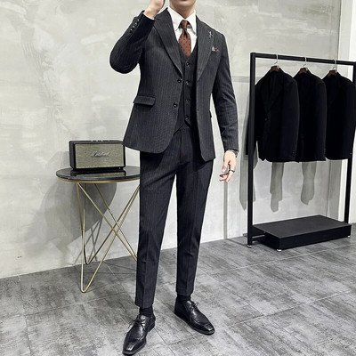 （Jakna+prsluk+hlače）Klasična prugasta uska poslovna odijela visoke marke u korejskoj verziji Muški svečani kompleti Muška vjenčana odijela