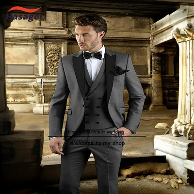 Γκρι κοστούμι για άντρες γάμου σμόκιν Επίσημο τζάκετ Γιλέκο τριών τεμαχίων Σετ Business Slim Fit Blazer Grooms Εξατομικευμένα ρούχα