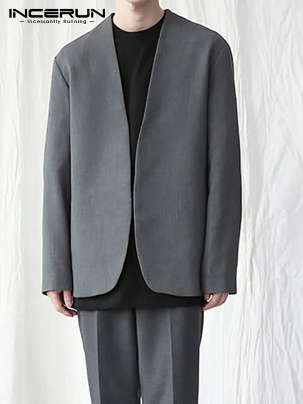 Κομψά New Men Blazer Leisure Style Loose Buttons Ανδρικά παντός αντιστοιχίας Απλές μακρυμάνικα κοστούμια χωρίς γιακά S-5XL INCERUN τοπ 2023