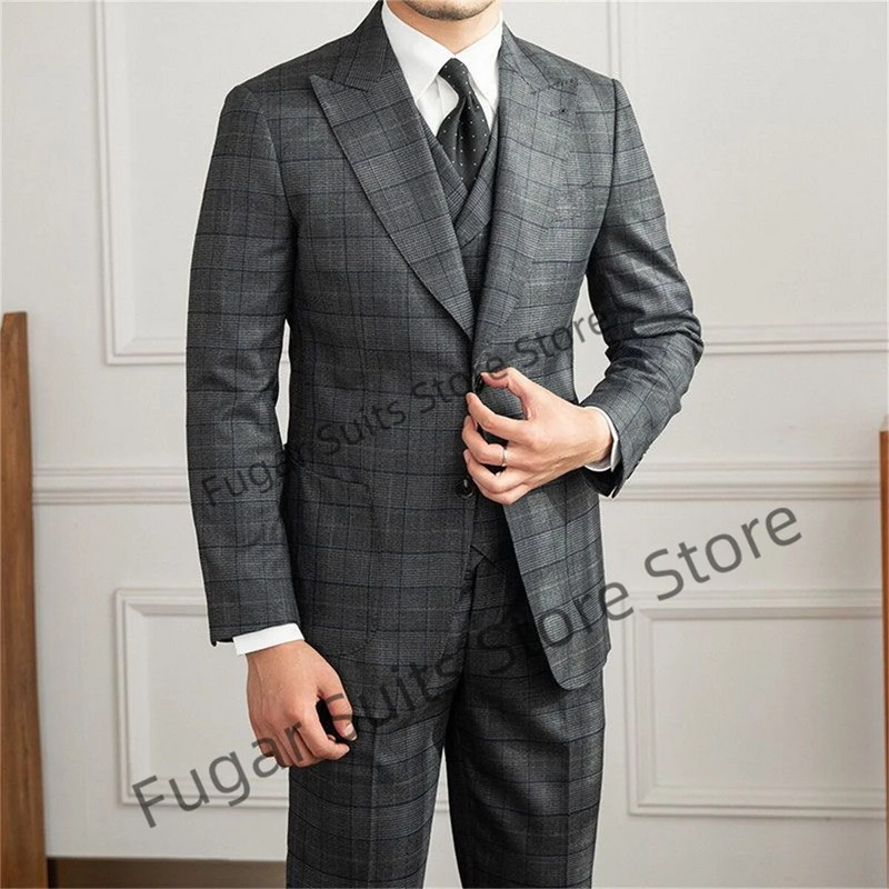 Klasikiniai pilki Houndstooth vyriški kostiumai Slim Fit oficialaus vestuvių jaunikio smokingai, 3 dalių rinkiniai Verslo striukė + dvieilė liemenė + kelnės
