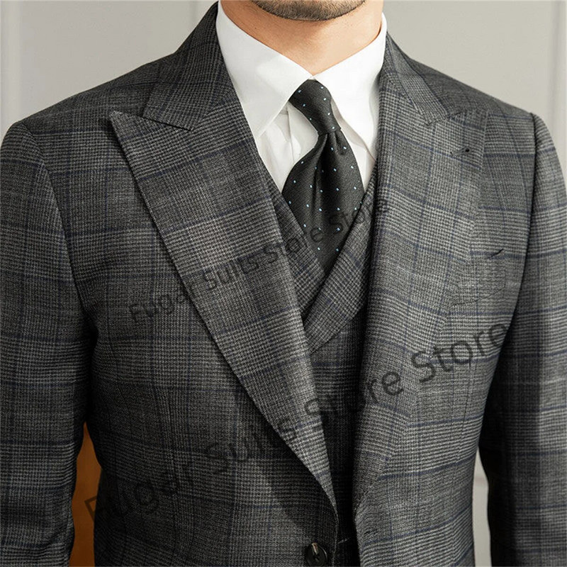 Klasikiniai pilki Houndstooth vyriški kostiumai Slim Fit oficialaus vestuvių jaunikio smokingai, 3 dalių rinkiniai Verslo striukė + dvieilė liemenė + kelnės
