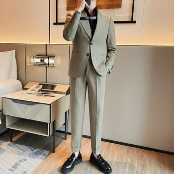 (Костюм + панталон) Висококачествен моден красив мъжки есенен тънък моден ежедневен костюм от две части Банкетен комплект Four Seasons Wedding