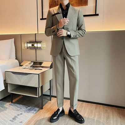 (Kostiumas + kelnės) Aukštos klasės mada Gražus dviejų dalių vyriškas rudens plonas laisvalaikio kostiumo rinkinys Keturių sezonų vestuvės