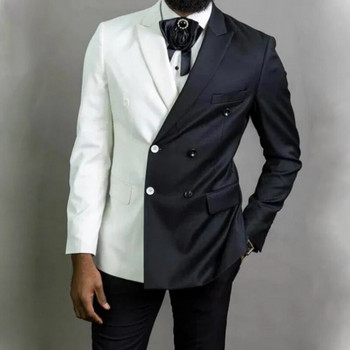 Κομψό μαύρο λευκό ανδρικό κοστούμι με λεπτή εφαρμογή Peak πέτο με διπλό στήθος 2 τεμαχίων επίσημο σμόκιν γαμπρού Σμόκιν Μπλέιζερ + Παντελόνι Στολή Homme