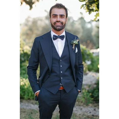 STEVDITG Μπλε μπλέ κοστούμια για άντρες Επίσημος γάμος 3 τεμάχια σακάκι παντελόνι γιλέκο Skinny μονόστηθος εγκοπή πέτο tailor-made Blazer