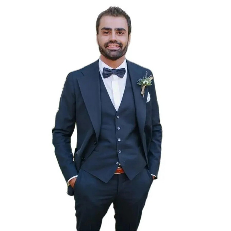 STEVDITG Μπλε μπλέ κοστούμια για άντρες Επίσημος γάμος 3 τεμάχια σακάκι παντελόνι γιλέκο Skinny μονόστηθος εγκοπή πέτο tailor-made Blazer