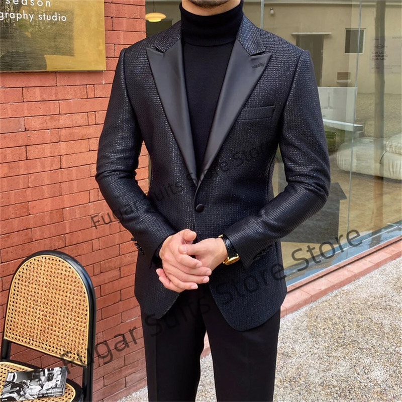 Prabangūs juodi vestuviniai kostiumai vyrams Slim Fit Peak Lapel Formal Prom Jaunikio smokingai 2 dalių rinkiniai Elegantiškas vyriškas švarkas kostiumas Homme