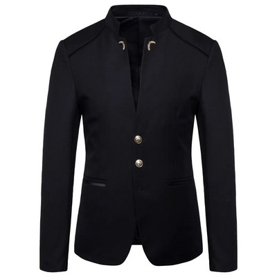 Blazer pentru bărbați, primăvară 2023, noua modă, cu nasturi decorative în stil chinezesc, slim fit, cu guler în picioare, jachetă de costum de culoare solidă