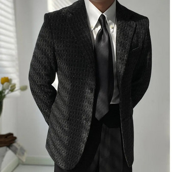 Висококачествено темпераментно джентълменско черно карирано вълнено блейзър палто Есен и зима Дебело топло едноредно мъжко горнище в ретро стил