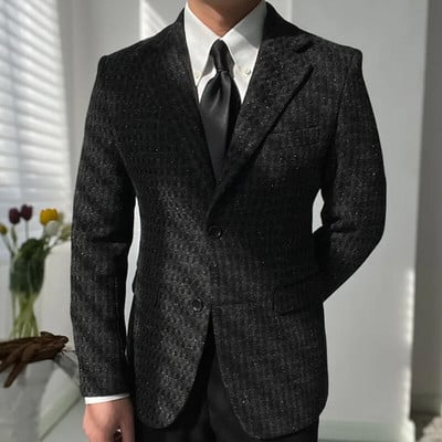 Gentleman temperament de înaltă calitate, blazer din lână în carouri negru, toamnă și iarnă, groasă, caldă, cu un singur piept, retro bărbați